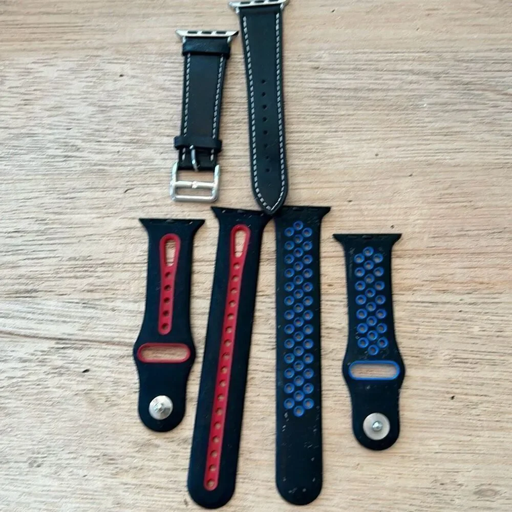 Apple watch funky bands lot of three. Silicone and leather black red blue